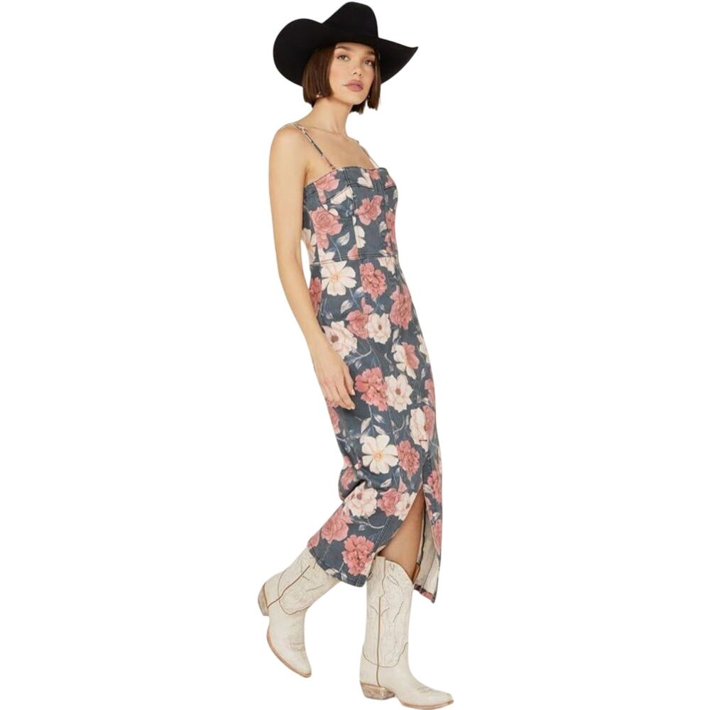 Driftwood $179 Floral Sweetheart Masquerade Noir Western Midi Dress Denim M